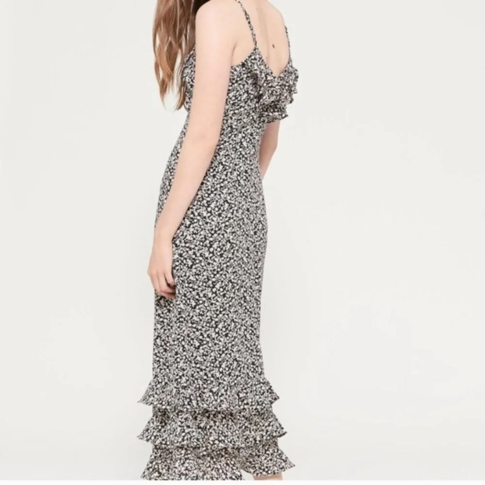 Urban Outfitters Angelica Floral Ruffle Midi Dress Black Cream Size Medium - Picture 2 of 12